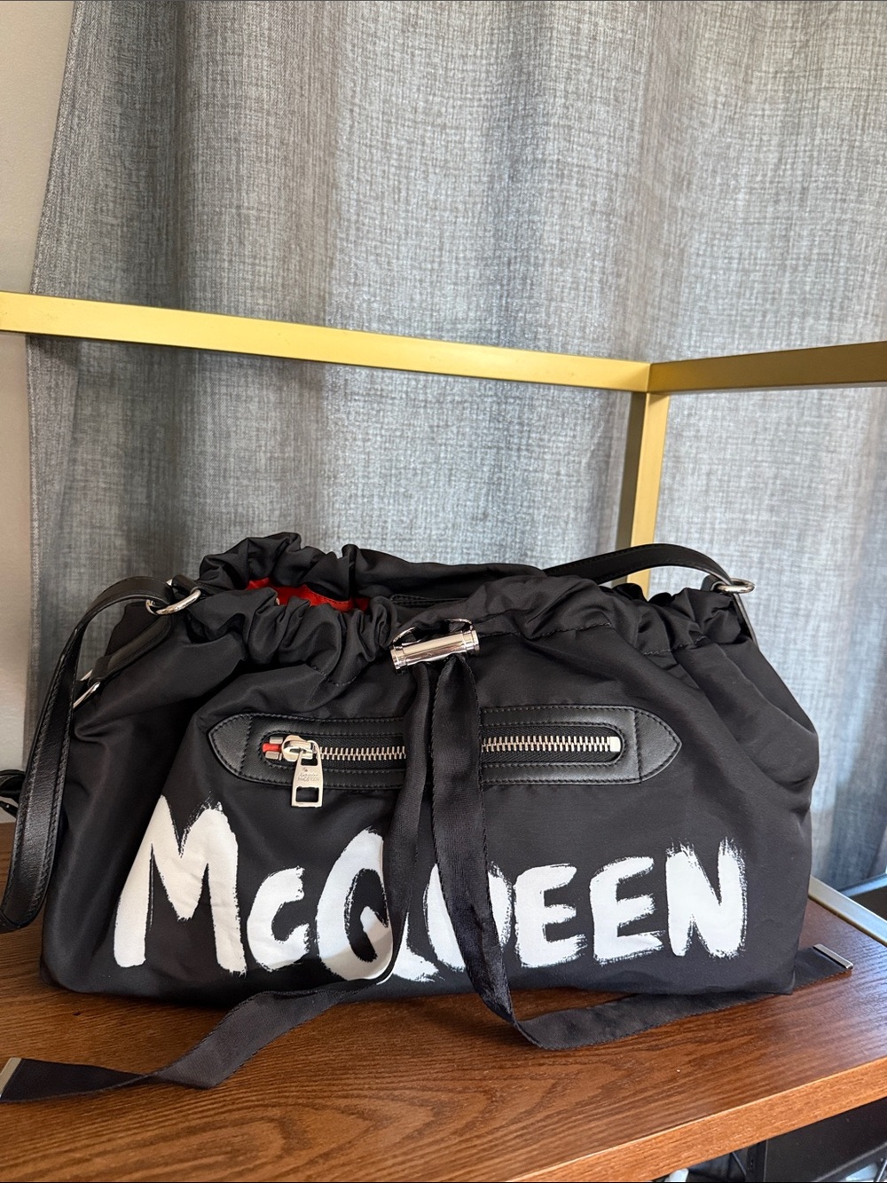 S Alexander McQueen Black Graffiti Logo Drawstring Duffel - Picture 14 of 15